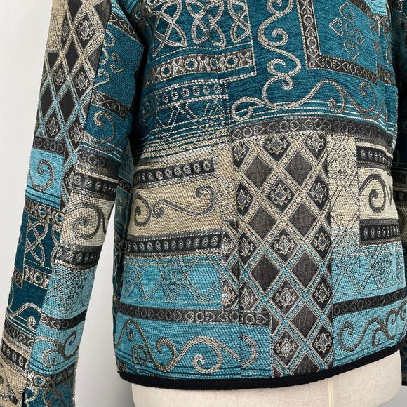 Vintage Serengeti Patchwork Tapestry Jacket Sz S Blue Metallic Shimmery Pockets - Picture 8 of 16